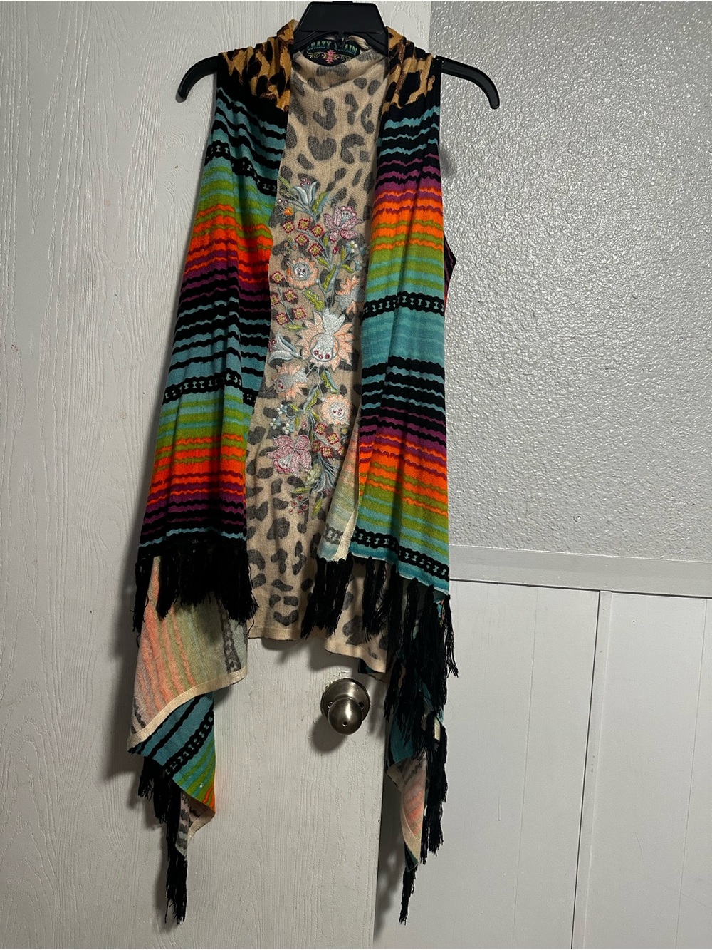 Crazy Train Boho Fringe Multi-Color Striped Vest with Leopard/Floral Embroidery